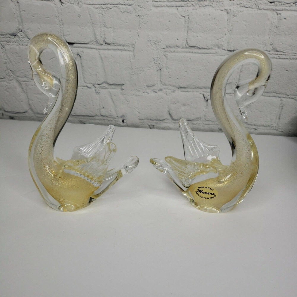 Vintage MURANO Italy Art Glass Swans Crystal Clear With 24K Gold Flecks Figurine - Picture 3 of 7